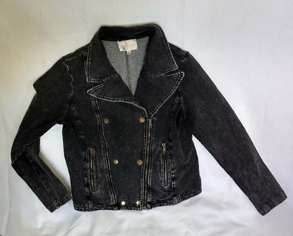 Skies Are Blue Women's Double-Breasted Black Denim Moto Jacket